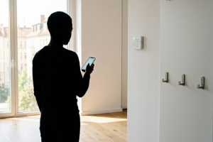 Silueta de una persona de espaldas en un interior luminoso utilizando su teléfono móvil frente a un teclado de alarma inteligente de color blanco instalado en la pared, con un gran ventanal de fondo y suelo de madera.