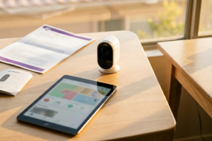 Cámara de seguridad inalámbrica de color blanco colocada sobre una mesa de madera junto a una tablet encendida que muestra un plano de planta doméstico de seguridad, un manual de usuario y documentación impresa.