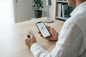 Primer plano lateral de un hombre sentado ante una mesa de madera sosteniendo un teléfono móvil inteligente que muestra el mensaje SIM LOCKED en la pantalla y aguantando con la otra mano la tarjeta plástica original del chip SIM.