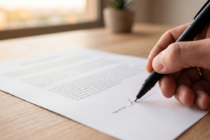 Primer plano de una mano firmando con un bolígrafo negro en la línea de firma de un contrato impreso sobre un escritorio de madera, representando el cambio de titular de la luz o la firma de un nuevo acuerdo energético.