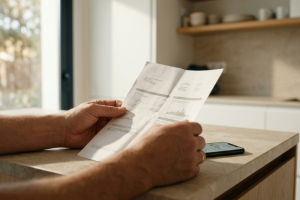 Primer plano de las manos de una persona sosteniendo y revisando una factura de la luz en papel sobre la encimera de una cocina luminosa, con un teléfono móvil al lado que muestra un gráfico circular de consumo.