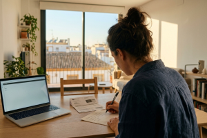 Mujer con el pelo recogido vista de espaldas, sentada frente a una mesa de madera escribiendo una carta de reclamación a mano, junto a un recibo impreso y un ordenador portátil abierto en una sala luminosa con vistas urbanas por la ventana.