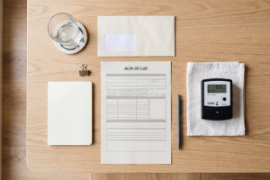 Vista cenital de un formulario impreso con el título Alta de Luz sobre un escritorio de madera, acompañado de un contador eléctrico digital, un sobre de carta blanco, un bolígrafo gris y un cuaderno cerrado.