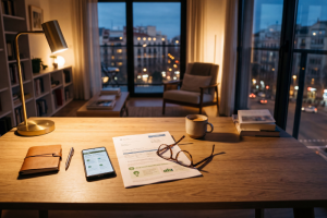 Vista de un escritorio de madera iluminado por una lámpara flexo encendida por la noche, donde hay un recibo de luz impreso, unas gafas de vista con montura de carey, un teléfono móvil inteligente y una taza de café, con un ventanal al fondo que muestra las luces de la ciudad.