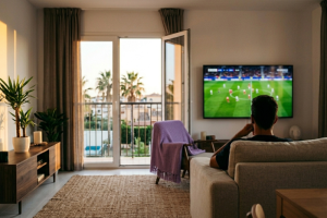 Hombre de espaldas sentado en un sofá beige viendo un partido de fútbol en directo a través de una televisión grande instalada en la pared del salón, en una estancia luminosa con una gran terraza abierta al fondo y plantas decorativas.