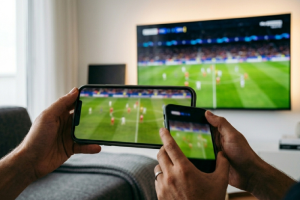 Primer plano de las manos de un usuario sosteniendo dos teléfonos móviles en horizontal en un salón doméstico, mostrando en sus pantallas un partido de fútbol que se reproduce simultáneamente con la retransmisión en directo de una televisión grande colgada en la pared del fondo.
