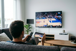 Hombre de espaldas sentado en un sofá gris viendo un partido de baloncesto en una televisión grande colgada en la pared del salón, mientras sostiene un mando a distancia en una mano y su teléfono móvil en horizontal en la otra mostrando la misma retransmisión.