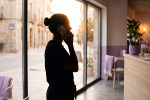 Silueta de perfil de una mujer con el pelo recogido hablando por teléfono móvil junto a un gran ventanal en el interior de un local comercial o cafetería, con vistas a una calle peatonal difuminada por la luz del atardecer al fondo.