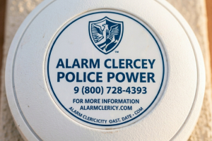 Primer plano de una placa circular de seguridad de color blanco instalada en una fachada exterior, con un escudo azul que muestra un águila y el texto en inglés ALARM CLERCEY POLICE POWER junto a un número de teléfono de información.