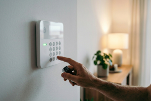 Primer plano lateral de la mano de un usuario pulsando el teclado numérico de un panel de alarma blanco instalado en una pared interior, mientras sostiene un mando a distancia negro con la otra mano en un salón iluminado.