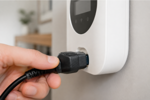 Primer plano de una mano conectando un enchufe de cable negro en la toma inferior de un dispositivo electrónico inteligente de color blanco fijado en la pared, representando la gestión o conexión del suministro eléctrico de Iberdrola.