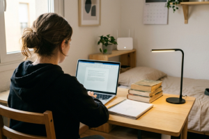 Estudiante de espaldas sentada en un escritorio de madera trabajando con su ordenador portátil en una habitación, con libros apuntados, un cuaderno abierto, una lámpara flexo encendida y un router wifi blanco visible al fondo sobre una estantería.