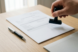 Primer plano de una mano utilizando un sello oficial negro sobre un documento de certificado energético impreso en un papel blanco, junto a un bolígrafo elegante sobre un escritorio de madera clara.