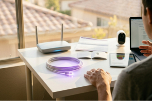 Vista lateral de un usuario sentado frente a un escritorio blanco donde hay un router wifi gris con dos antenas encendido, un cable de red de fibra óptica blanco enrollado cuyo conector brilla con luz morada, una tablet, una pequeña cámara de seguridad y un ordenador portátil abierto.