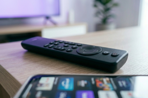 Primer plano de un mando a distancia negro sobre un mueble de madera clara, con un teléfono móvil inteligente desenfocado en la parte inferior que muestra una pantalla con aplicaciones multimedia y una televisión encendida al fondo en tonos morados.