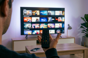 Plano desde los hombros de un usuario en un salón que sostiene un mando a distancia negro apuntando hacia una televisión inteligente grande, instalada sobre un mueble de madera, que muestra un catálogo de películas y series en streaming con menús de plataformas de vídeo.