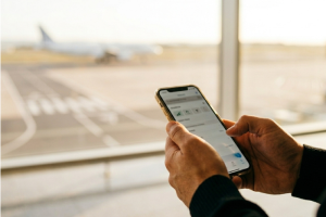 Primer plano de las manos de una persona sosteniendo y utilizando un teléfono móvil frente al ventanal de la terminal de un aeropuerto, con la silueta desenfocada de un avión comercial en las pistas de despegue al fondo.