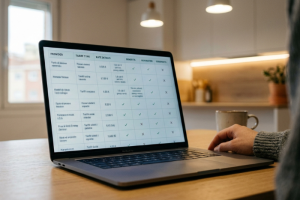 Primer plano de las manos de un usuario sosteniendo un teléfono móvil inteligente en vertical en un entorno doméstico luminoso, navegando por una pantalla de ajustes donde se aprecian las opciones de red móvil y consumo de datos de la operadora Lowi.