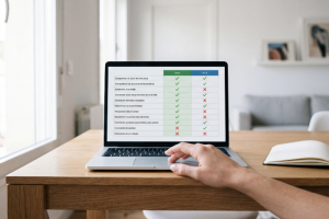 Mano de una persona utilizando el trackpad de un portátil donde se muestra una tabla comparativa con columnas verdes y azules llenas de marcas de verificación y cruces, simulando la elección de las tarifas de luz y gas de Plenitude para el hogar.