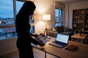 Silueta de una persona de pie junto a un escritorio leyendo un folleto informativo con un ordenador portátil encendido al lado, analizando las tarifas de luz y gas de la comercializadora digital Podo en el salón de su casa.