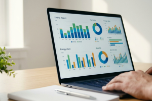 Primer plano de las manos de una persona utilizando un ordenador portátil que muestra un informe con gráficos de barras y sectores titulado Energy Report, analizando los costes de las tarifas de luz para pymes y empresas sobre una mesa de madera.