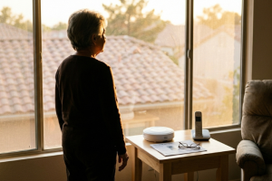 Persona mayor vista de espaldas y perfil junto a un gran ventanal luminoso, mirando hacia el exterior. A su lado, sobre una mesa de madera, hay un terminal de teleasistencia o botón de emergencia de base circular, un teléfono inalámbrico, unas gafas de vista y folletos informativos.
