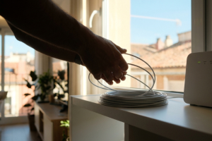 Primer plano de las manos de un técnico o usuario enrollando un cable de fibra óptica blanco sobre un mueble claro junto a una ventana, con un router wifi encendido con luces led verdes a la derecha y tejados urbanos visibles al fondo.