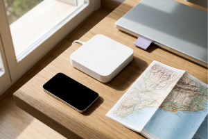 Primer plano en ángulo de una mesa de madera clara junto a una ventana donde hay un router portátil o punto de acceso wifi cuadrado de color blanco conectado a un cable, un teléfono móvil inteligente apagado, un mapa de carreteras impreso desplegado y parte de un ordenador portátil cerrado.
