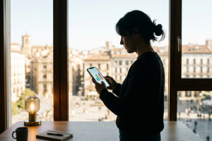 Silueta de perfil de una mujer utilizando un smartphone que muestra gráficos de barras de colores, junto a un ventanal con vistas a una plaza histórica urbana.