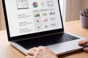 Primer plano lateral de un ordenador portátil abierto sobre una mesa de madera donde un usuario apoya sus manos, mostrando en pantalla una plataforma web con gráficos circulares, diagramas de barras de colores y tablas comparativas con iconos de verificación técnicos.