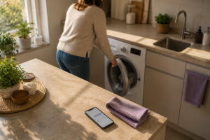 Una mujer abre la puerta de la lavadora en una cocina iluminada, con un teléfono móvil en primer plano que muestra gráficos de consumo de luz.