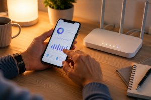 Primer plano de las manos de un hombre usando una aplicación móvil con gráficos de barras y de pastel para monitorizar el consumo de luz y gas junto a un router wifi en un escritorio de madera.