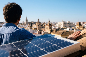 Diagrama del proceso de generación fotovoltaica: panel solar, inversor y conexión a la red eléctrica doméstica