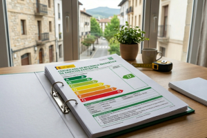 Etiqueta de calificación energética de vivienda con escala de A a G y letra C destacada
