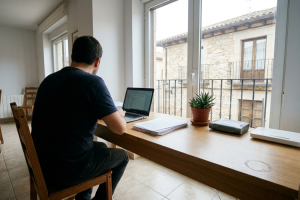 Hombre trabajando con portátil en un escritorio junto a una ventana con routers de red sobre la mesa.