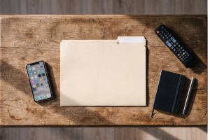 Mando a distancia de televisión, carpeta beige, teléfono móvil y libreta de notas sobre una mesa de madera.