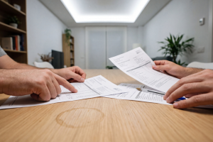 Dos personas revisando y señalando documentos y facturas de luz sobre una mesa de madera.