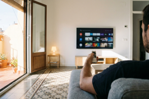 Persona desde el sofá apuntando con un mando a distancia hacia un televisor inteligente con aplicaciones de streaming.