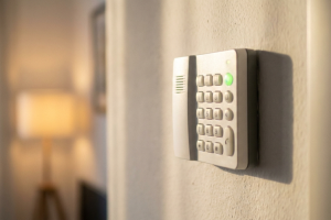 Teclado numérico de un sistema de alarma de seguridad con luz verde instalado en la pared de un hogar.