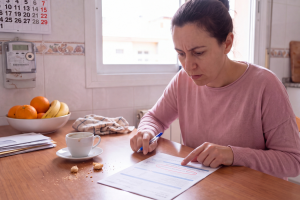 Mujer concentrada señalando una factura sobre la mesa de la cocina junto a un café y un contador eléctrico al fondo.