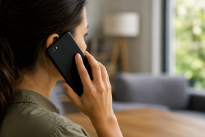 Vista de perfil posterior de una mujer con el cabello recogido hablando por un smartphone negro en el interior de una vivienda.
