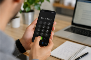 Manos de un usuario sosteniendo un smartphone mientras marca en el teclado en pantalla el número telefónico 902 11 22 22 frente a un ordenador portátil.