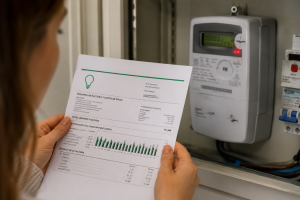 Persona sosteniendo una factura de la luz con un gráfico de consumo frente a un contador eléctrico digital instalado en la pared.