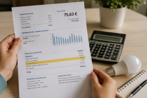 Manos sosteniendo un papel con el resumen y detalle de una factura eléctrica, resaltando la línea del impuesto eléctrico en amarillo junto a una calculadora y una bombilla LED sobre el escritorio.