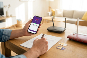 Persona firmando un contrato sobre una mesa mientras sostiene un smartphone con una pantalla de confirmación de transferencia, junto a tarjetas SIM y routers Wi-Fi.