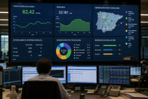 Operador en un centro de control analizando pantallas con gráficos del precio del mercado eléctrico, demanda en megavatios y mapa de generación energética por tecnología.