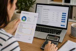 Persona comparando una factura en papel con el panel de área de cliente en un ordenador portátil para dar de baja servicios adicionales contratados.