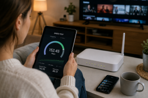 Mujer sosteniendo una tablet que muestra la prueba de velocidad de conexión a internet (152 Mbps) en el salón de su casa, con un router blanco sobre la mesa.