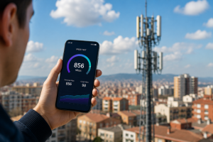 Mano sosteniendo un smartphone que muestra una velocidad de descarga de 856 Mbps en un test de red, con una torre de telefonía móvil y una ciudad de fondo.
