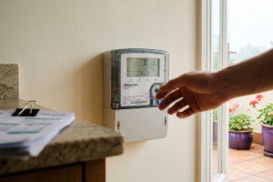 Mano acercándose a un contador de luz digital instalado en una pared interior junto a unos documentos.